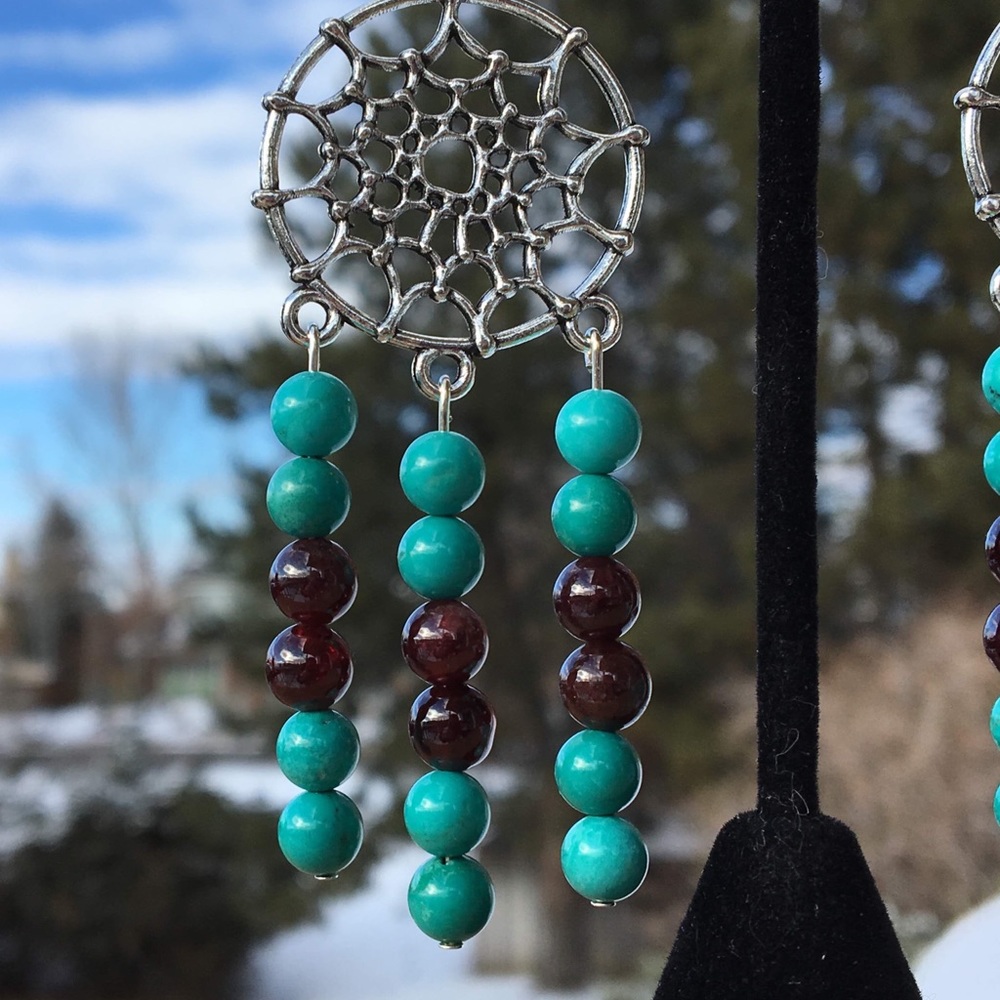 Turquoise Magnesite Garnet Dreamcatcher Earrings - Picture 8 of 8
